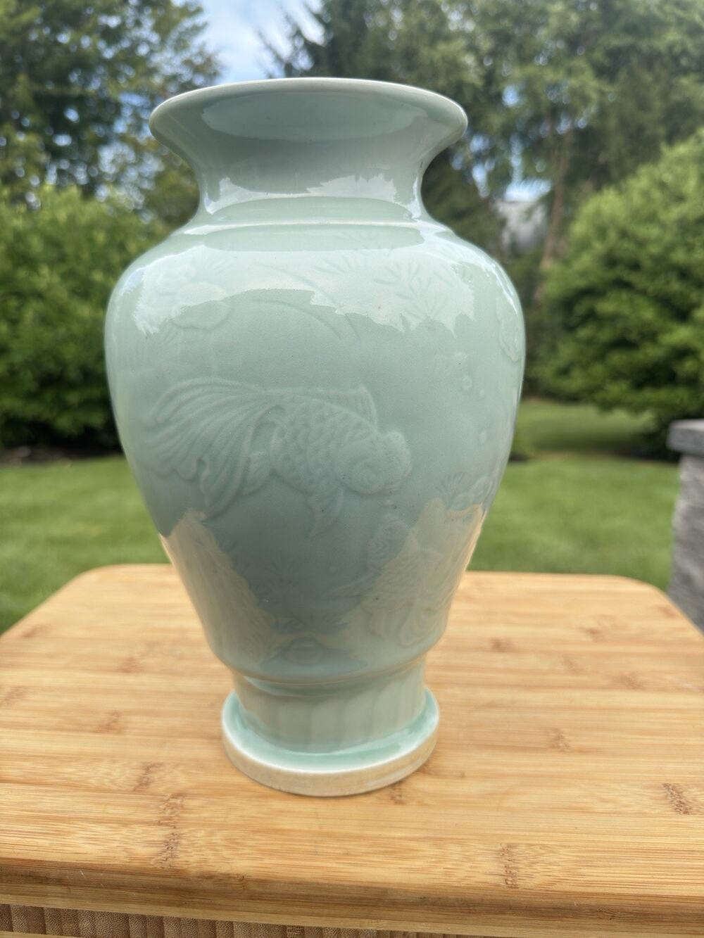 Vintage Large Chinese Celadon Relief Green Fish Vase 11.5” Tall X 7” Wide